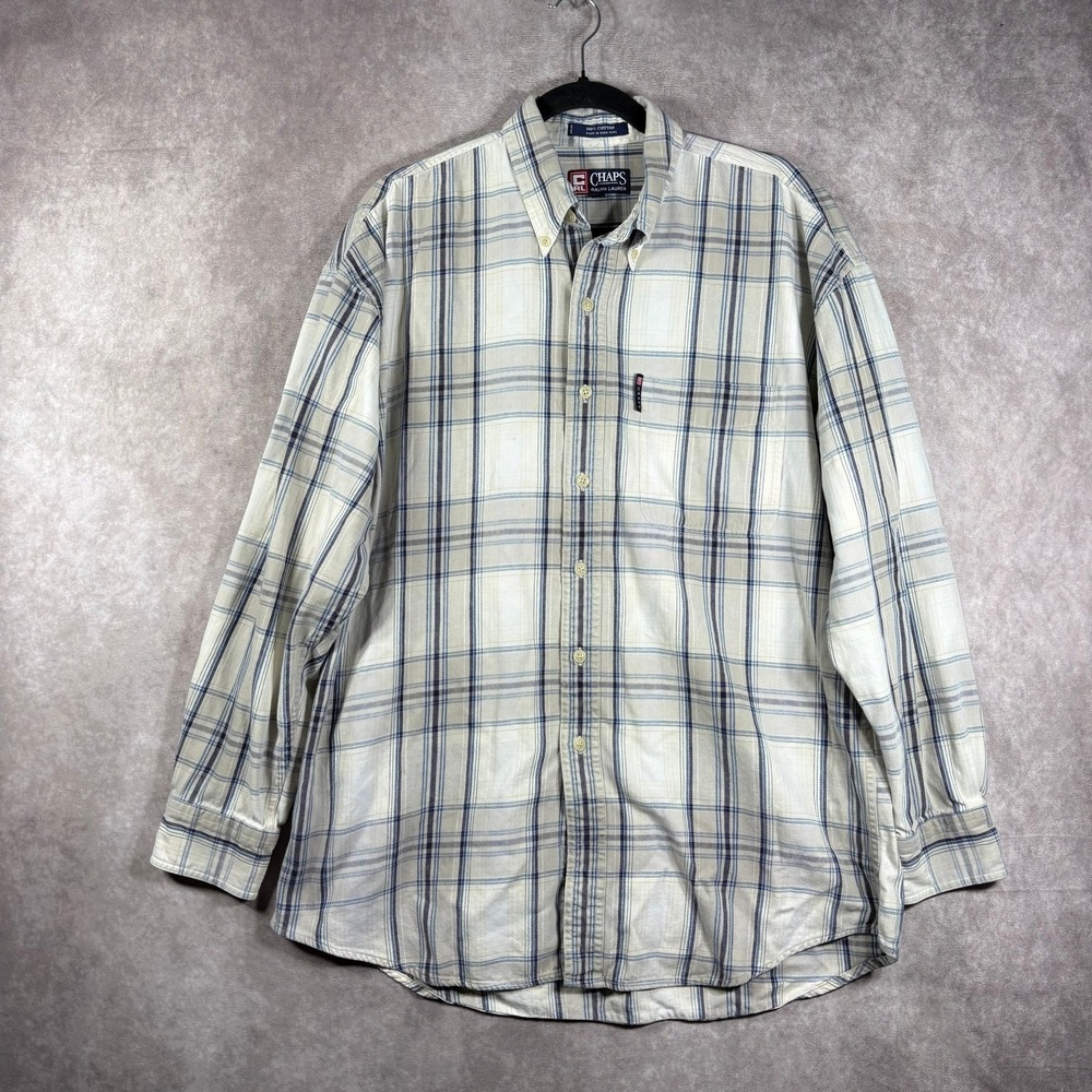 Vintage 90s Chaps Ralph Lauren Shirt Mens Size Large Cream Plaid Button Down